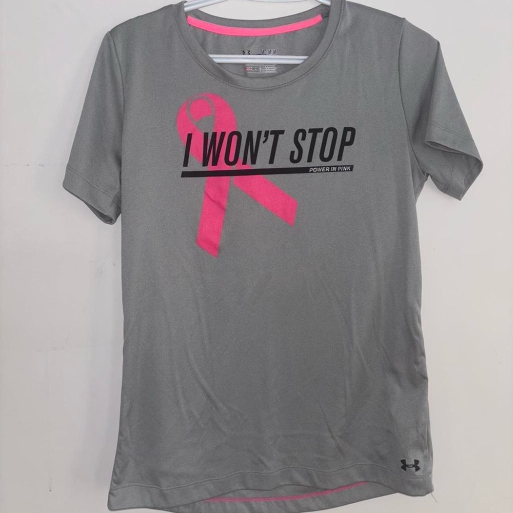Under Armour Light Gray Pink Ribbon “I Won’t Stop” Tee Size Medium